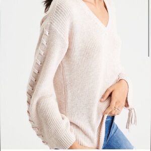 American Eagle Women's Cream Sweater with Lace-Up Sleeves